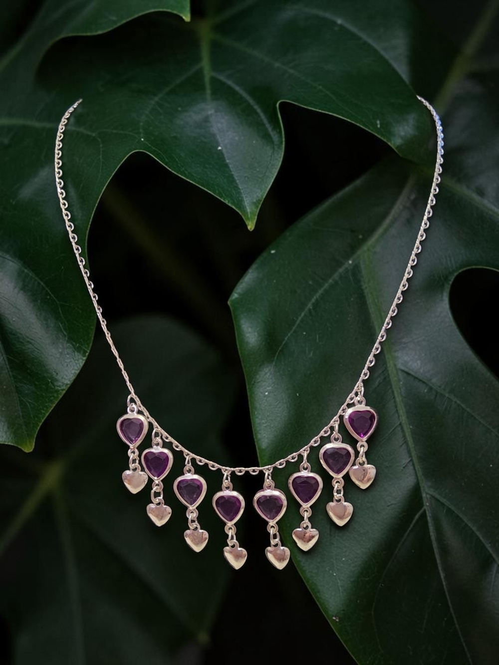 10 / $10 Silver Heart Drop Necklace with Purple Gemstones